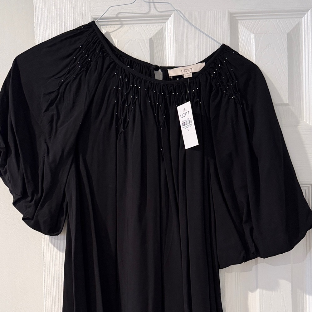 LOFT Black Beaded Yoke Peasant Dress